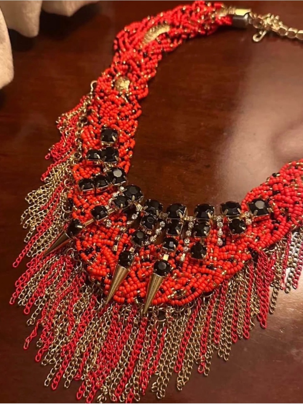 Red Beaded Fringe Statement Necklace - Unbranded